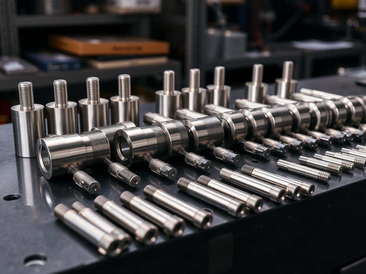 Precision CNC-turned stainless steel parts arranged on a workbench