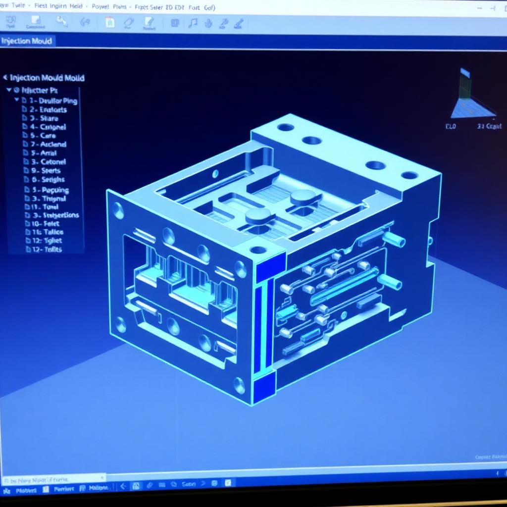 CAD rendering of an injection mold showing cavity, core, and cooling channels