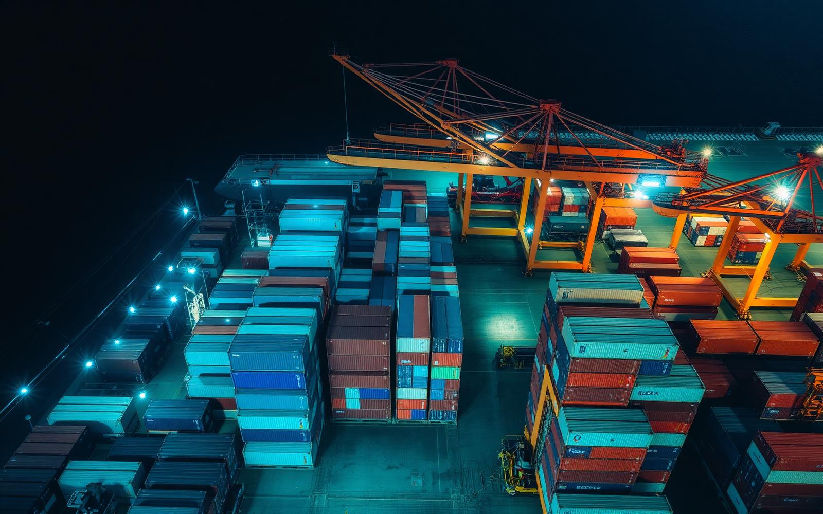 Shipping port at night with stacked cargo containers and gantry cranes