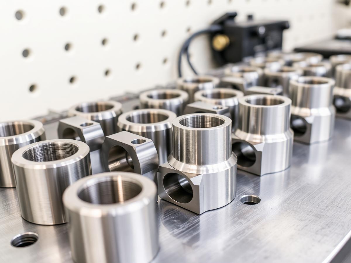 Precision machined stainless steel parts arranged on a workbench