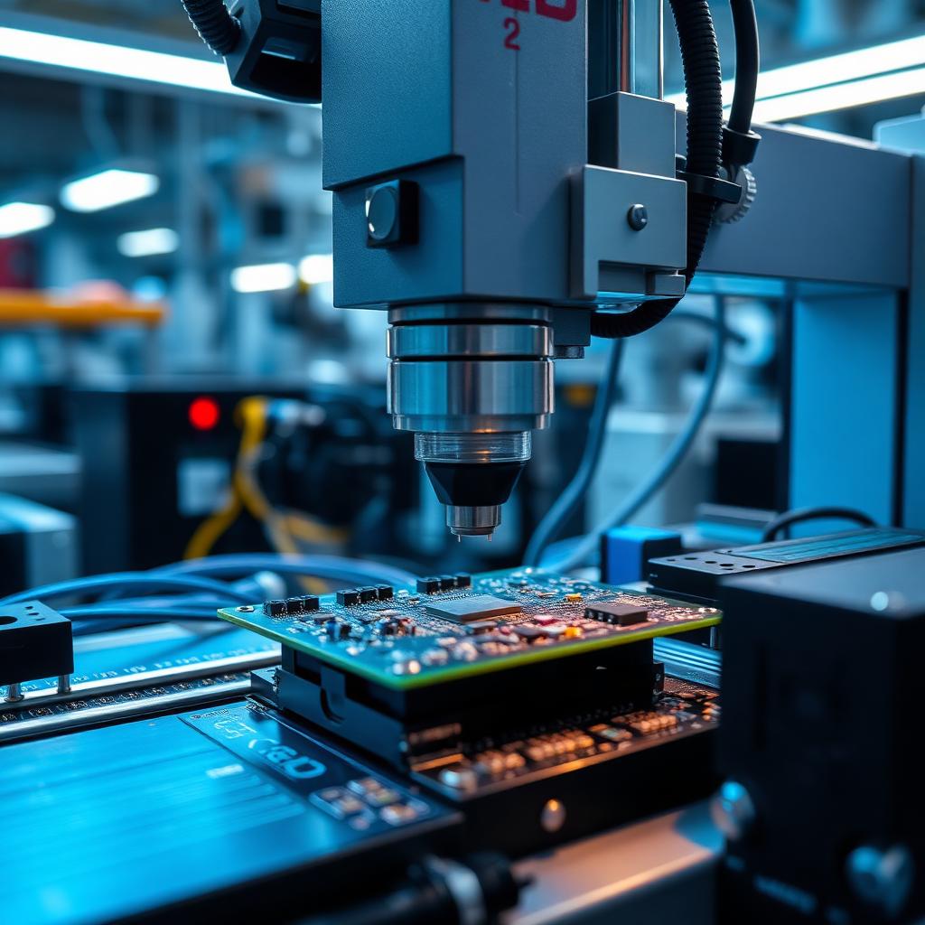 Pick-and-place machine placing components during custom PCB assembly services