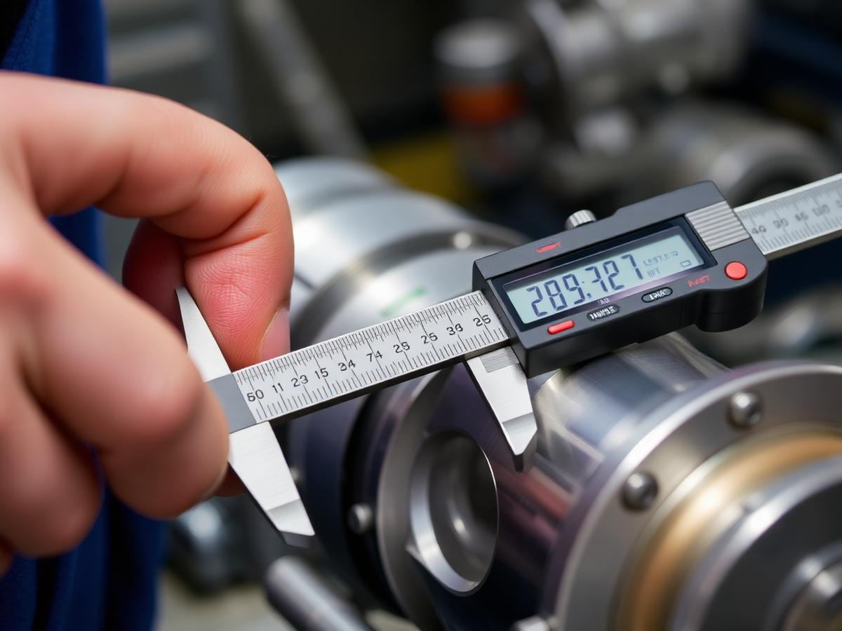 Quality inspector measuring a precision machined component with a digital caliper