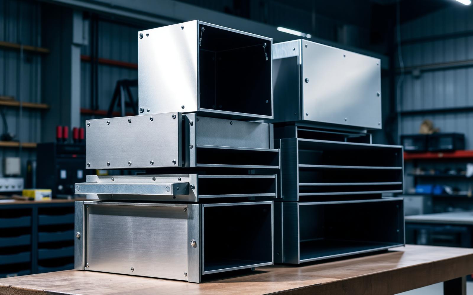 Stack of precision-formed brushed aluminum sheet metal enclosures on a workbench